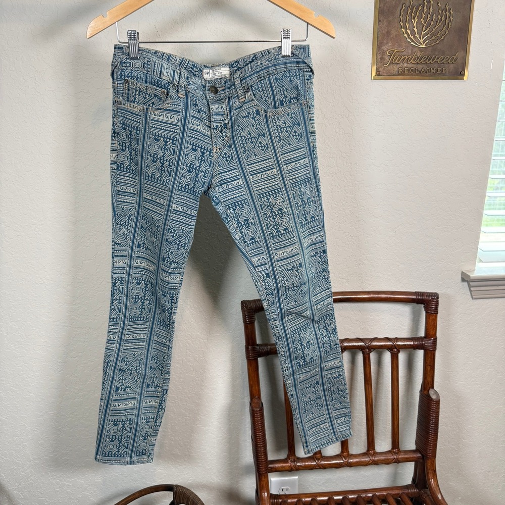 Free People Blue Tribal Geometric Print Skinny Jeans Womens Size 27 Boho Slim